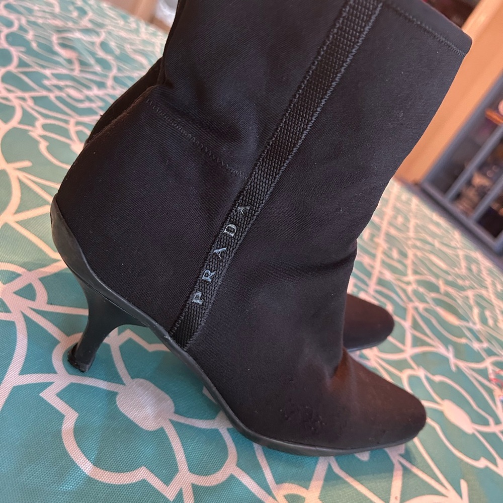 Prada Black Ankle Boots size 38. Leather. Fabric. Made in Italy. Kitten heel.